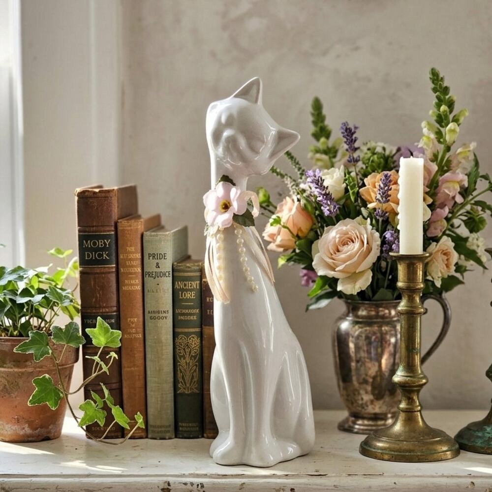 Vintage Mid-Century Tall White Ceramic Cat Figurine with Pink Floral Ribbon
